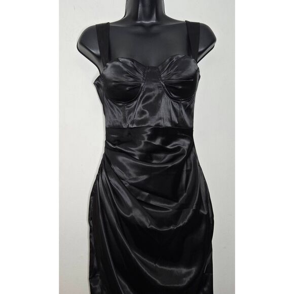 Laeu Women’s Black Satin Bodycon Dress Size Small Ruched Bustier Cocktail Party - Picture 3 of 9